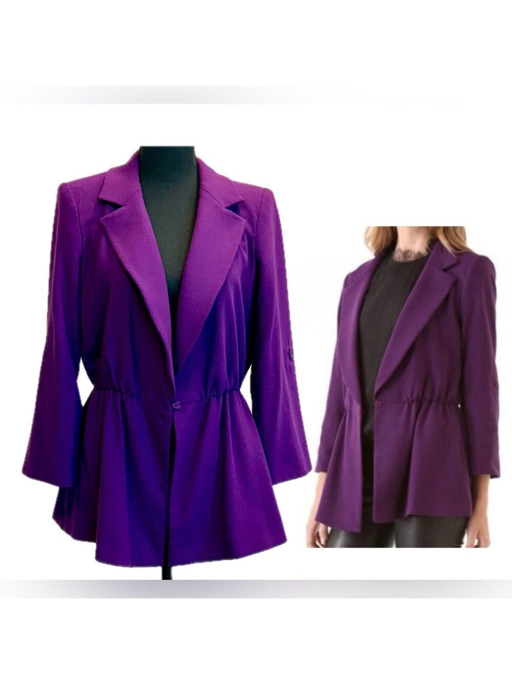 Alice + Olivia Elna peplum blazer jacket purple 3/4 roll tab sleeve cinched Sz M